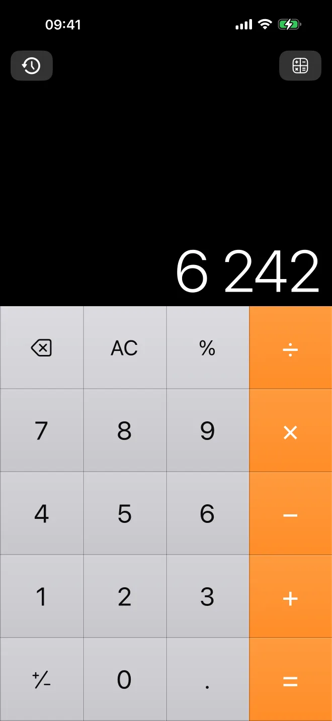 Calc² on an iPhone: a dark calculator with large square keys joined edge to edge and orange operator keys