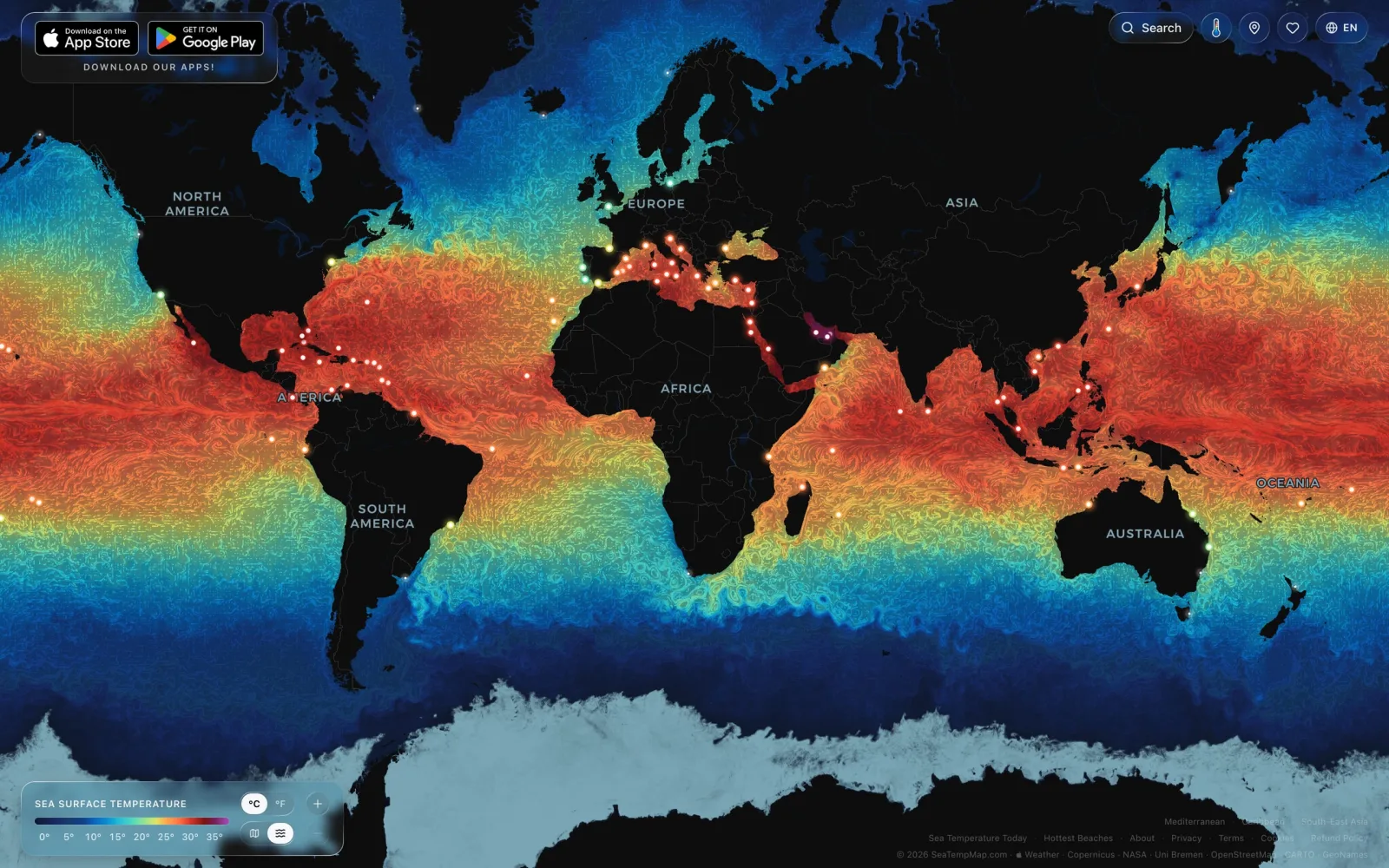 SeaTempMap: world map coloured by live sea surface temperature, from cold blue polar seas to warm red tropical coasts